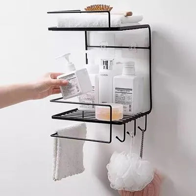 Black Iron Bathroom Shelf with Towel Rack & Storage