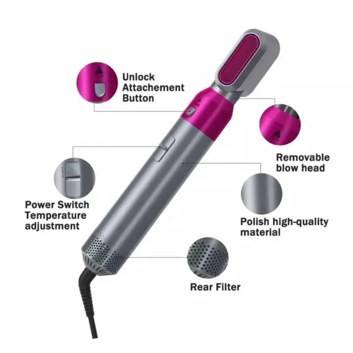 5-in-1 Hair Dryer with Curling Brush & Attachments