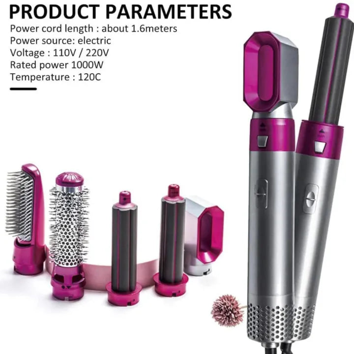 5-in-1 Hair Dryer with Curling Brush & Attachments