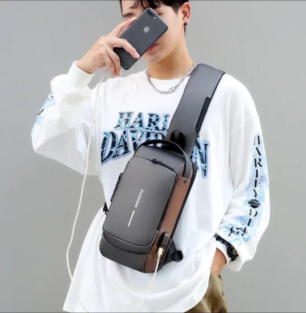 USB Charging Crossbody Bag Blue Black Brown Nylon 12