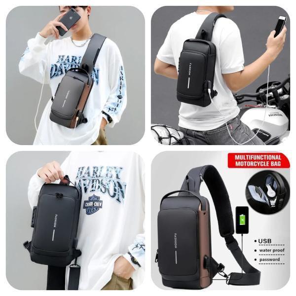 USB Charging Crossbody Bag Blue Black Brown Nylon 12